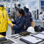 In fabbrica, una donna sta esaminando diversi indumenti di sicurezza sul lavoro e campioni di tessuto