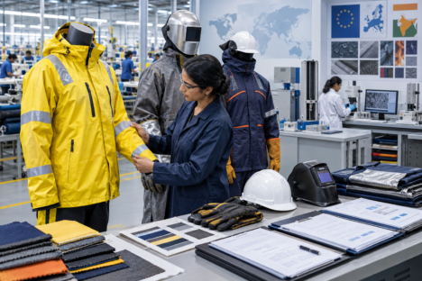 In fabbrica, una donna sta esaminando diversi indumenti di sicurezza sul lavoro e campioni di tessuto