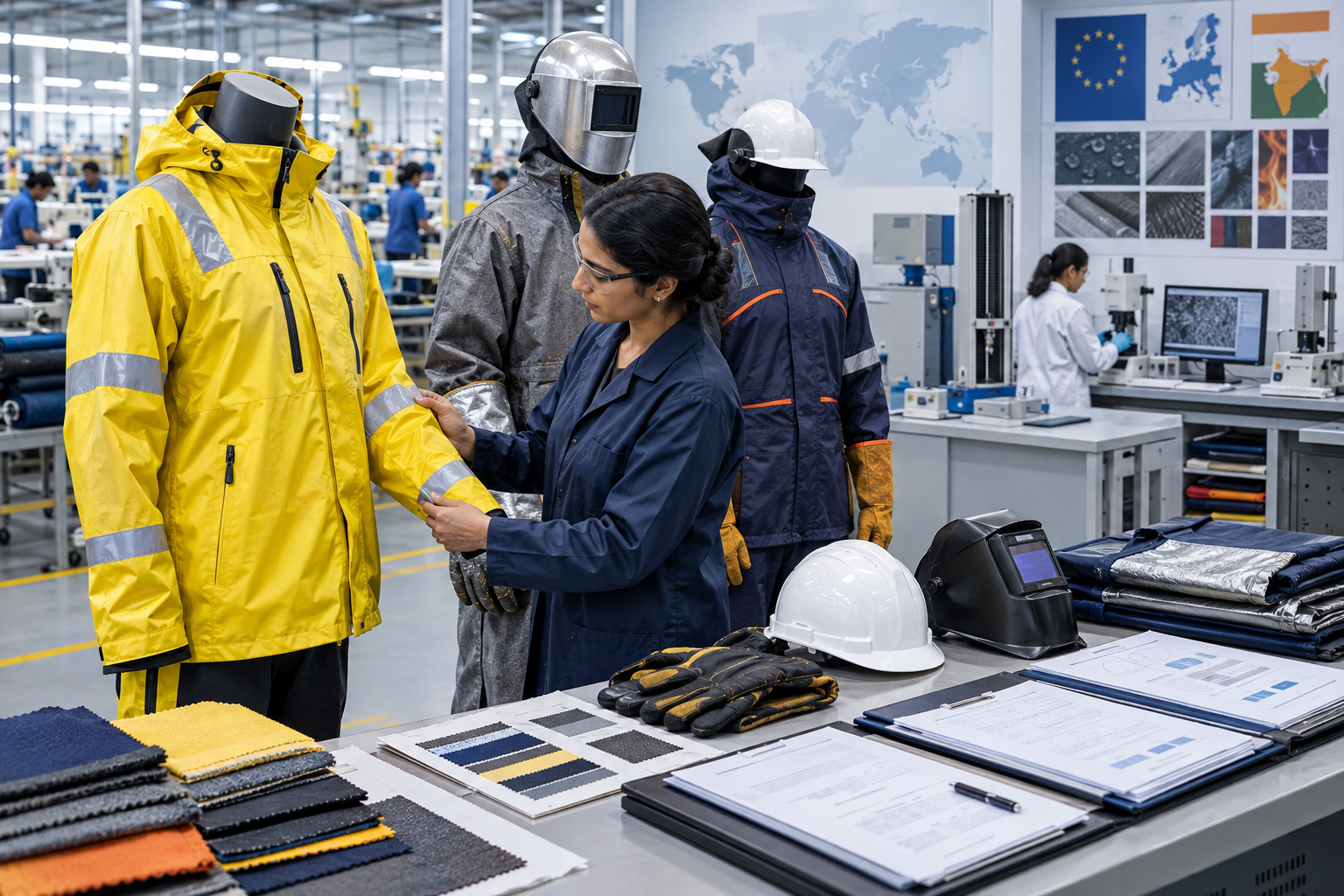 In fabbrica, una donna sta esaminando diversi indumenti di sicurezza sul lavoro e campioni di tessuto