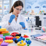 In un laboratorio, uno scienziato sta analizzando il liquido contenuto in una provetta con una pipetta; intorno a lui ci sono giocattoli per bambini e attrezzature di analisi
