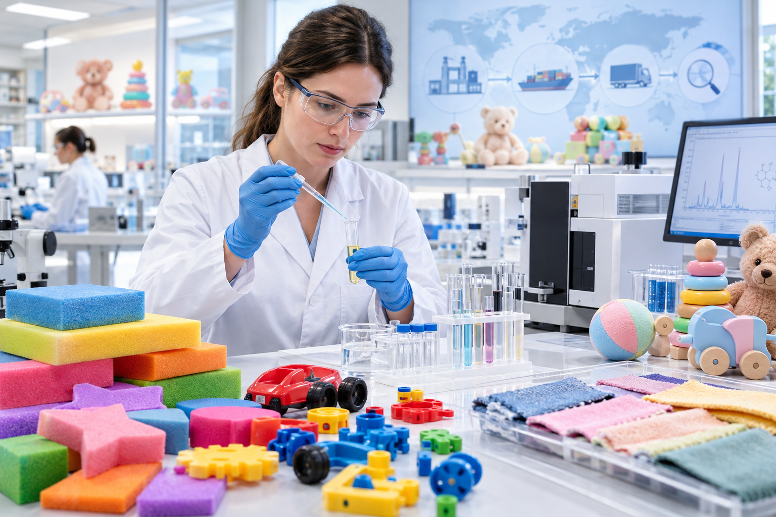 In un laboratorio, uno scienziato sta analizzando il liquido contenuto in una provetta con una pipetta; intorno a lui ci sono giocattoli per bambini e attrezzature di analisi